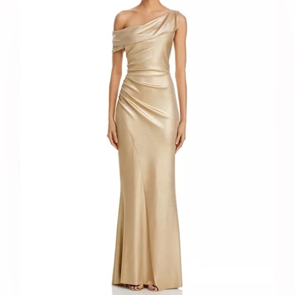 Chiara Boni Gold One-Shoulder Satin Evening Gown